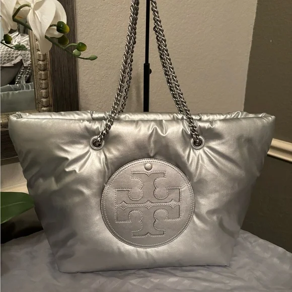 Tory Burch Metallic Silver ToteTory Burch Ella Metallic Puffy Chain Tote
